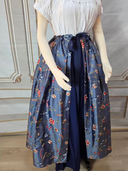 Self Bustling Over Skirt -  Dusty Blue Iridescent Silk Dupioni with Embroidered Flowers