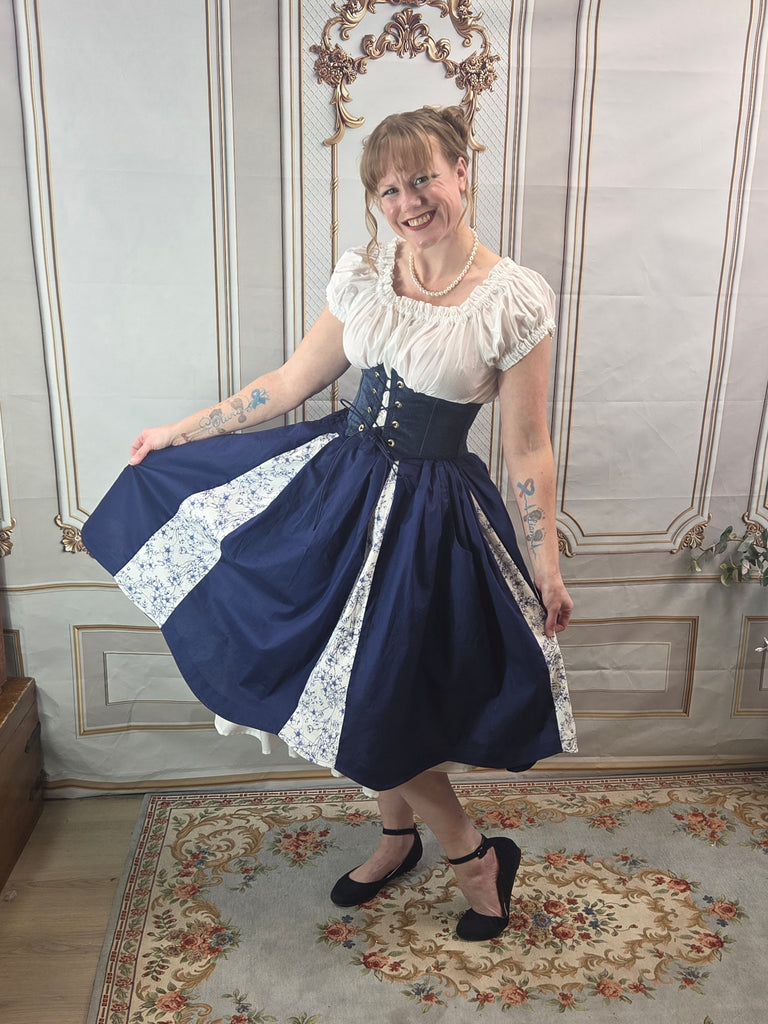 Midi Box Pleated Skirt - Tea Length Drawstring Skirt with Pockets Navy and White Floral Scalloped Hem