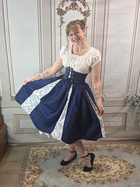 Midi Box Pleated Skirt - Tea Length Drawstring Skirt with Pockets Navy and White Floral Scalloped Hem