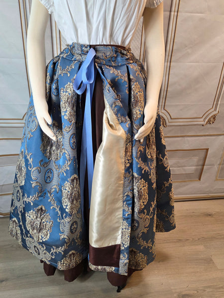 Elizabethan Riding Jacket and Matching Bustling Skirt- Blue and Cream Damask Brocade