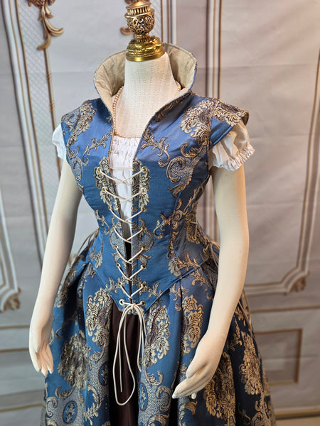 Elizabethan Riding Jacket and Matching Bustling Skirt- Blue and Cream Damask Brocade
