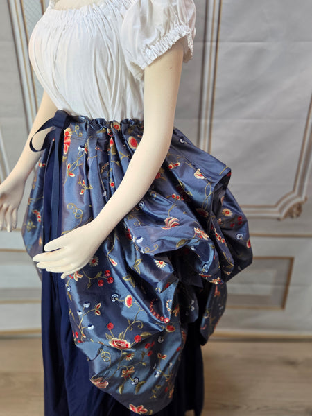 Self Bustling Over Skirt -  Dusty Blue Iridescent Silk Dupioni with Embroidered Flowers