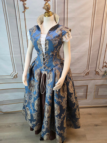 Elizabethan Riding Jacket and Matching Bustling Skirt- Blue and Cream Damask Brocade