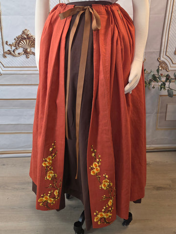 Split Over Skirt with Pockets and Embroidery - Burnt Orange Linen Blend