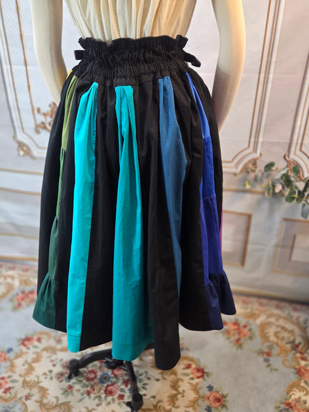 Midi Box Pleated Skirt - Tea Length Drawstring Skirt with Pockets, High Waist, Black and Rainbow