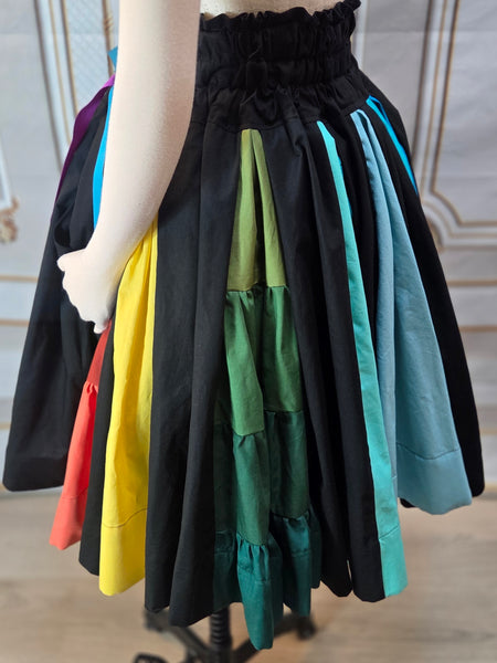 Rainbow Box Pleated Skirt - Knee Length Drawstring Twirling Skirt with Pockets, High Waist, Black and Rainbow