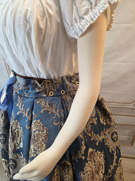 Elizabethan Riding Jacket and Matching Bustling Skirt- Blue and Cream Damask Brocade