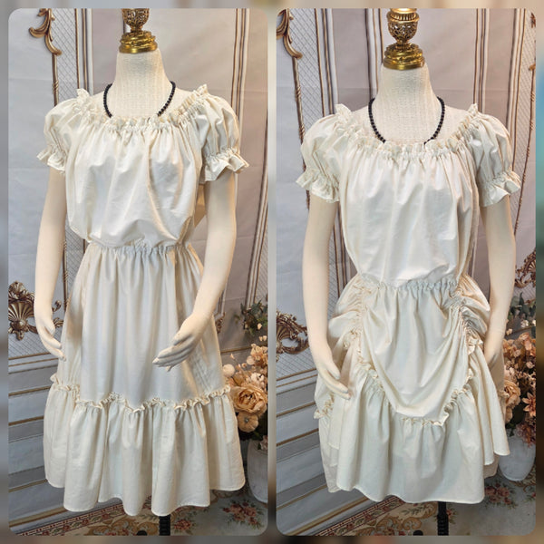 Ruffled Adjustable Hem Chemise - Midi / Tea Length- Ruffled Short Sleeve