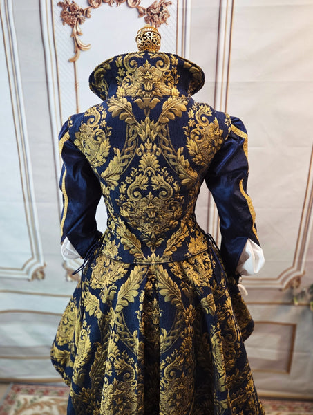 Elizabethan Riding Jacket- Blue and Gold Chenille Brocade - EaGenie's Scots 'n Knots