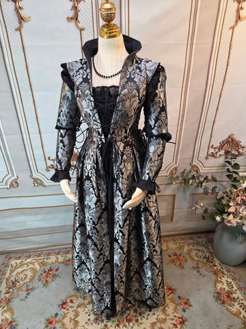Reversible Elizabethan Riding Gown with Sleeves- Black and Silver Brocade Jacquard