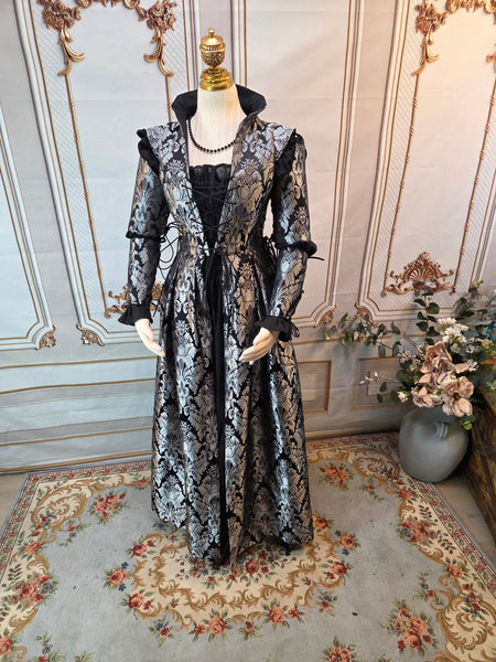 Reversible Elizabethan Riding Gown with Sleeves- Black and Silver Brocade Jacquard