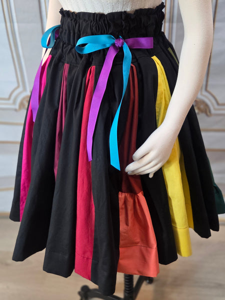 Rainbow Box Pleated Skirt - Knee Length Drawstring Twirling Skirt with Pockets, High Waist, Black and Rainbow