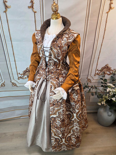 Elizabethan Gown Style Over Skirt - Brown and Cream Damask Jacquard