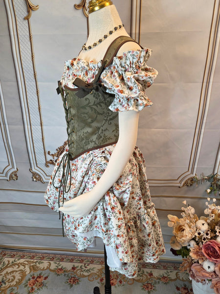 Cottage Bodice - Olive Green Jacquard with Brown Trim