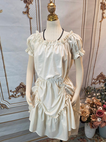 Ruffled Adjustable Hem Chemise - Midi / Tea Length- Ruffled Short Sleeve