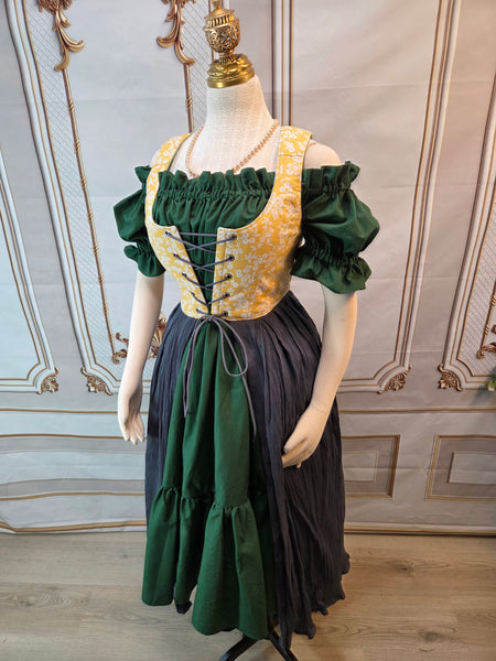 Cottage Dress - Sage, Grey, and Yellow  - One of a Kind