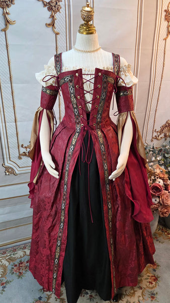 Venetian Courtesan Gown - Burgundy Silk Jacquard Black and Gold Trim