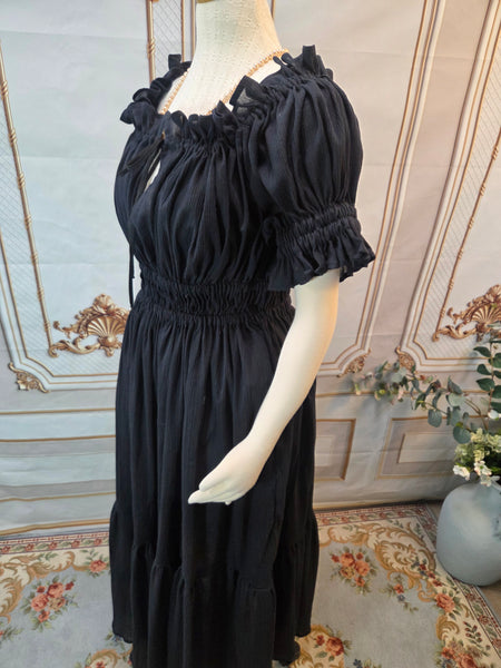 Cotton Gauze Chemise Dress with Ruffle - Full Length- Short Puffed Sleeve - Black