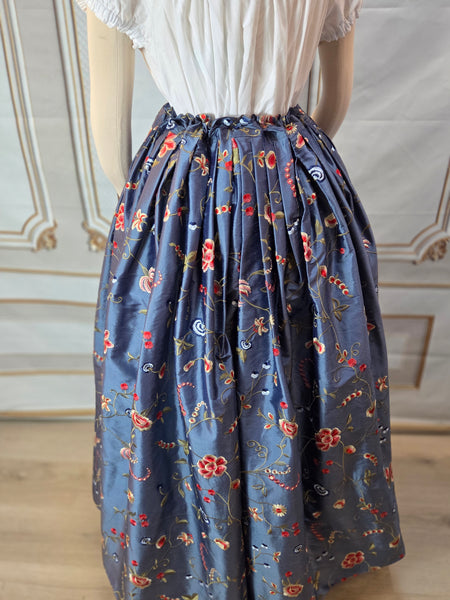 Self Bustling Over Skirt -  Dusty Blue Iridescent Silk Dupioni with Embroidered Flowers