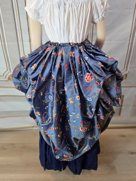 Self Bustling Over Skirt -  Dusty Blue Iridescent Silk Dupioni with Embroidered Flowers
