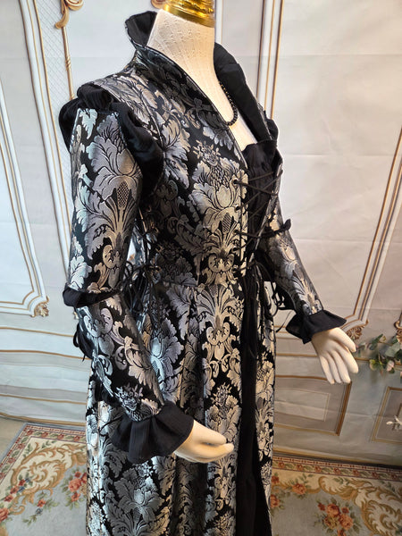 Reversible Elizabethan Riding Gown with Sleeves- Black and Silver Brocade Jacquard