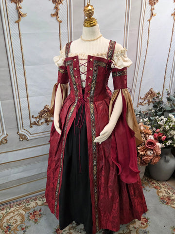 Venetian Courtesan Gown - Burgundy Silk Jacquard Black and Gold Trim
