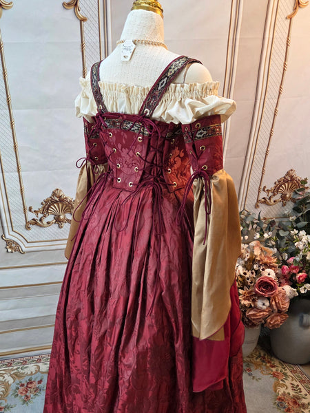 Venetian Courtesan Gown - Burgundy Silk Jacquard Black and Gold Trim