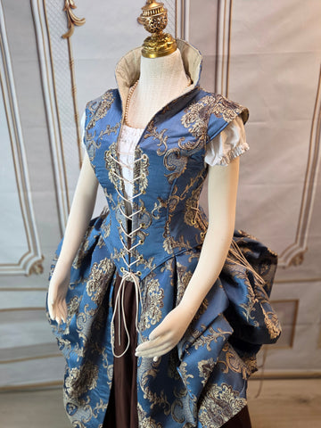 Elizabethan Riding Jacket and Matching Bustling Skirt- Blue and Cream Damask Brocade